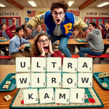 Kreatywna ilustracja do gry w Scrabble ze słowem ULTRAWIROWKAMI ułożonym z płytek na planszy.