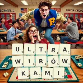 Kreatywna ilustracja do gry w Scrabble ze słowem ULTRAWIRÓWKAMI ułożonym z płytek na planszy.