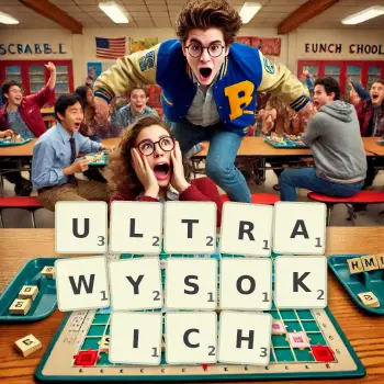 Kreatywna ilustracja do gry w Scrabble ze słowem ULTRAWYSOKICH ułożonym z płytek na planszy.