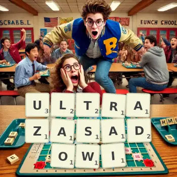 Kreatywna ilustracja do gry w Scrabble ze słowem ULTRAZASADOWI ułożonym z płytek na planszy.