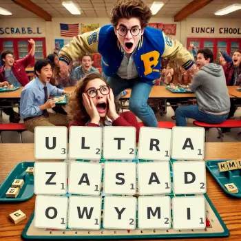 Kreatywna ilustracja do gry w Scrabble ze słowem ULTRAZASADOWYMI ułożonym z płytek na planszy.