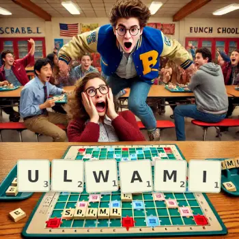 Kreatywna ilustracja do gry w Scrabble ze słowem ULWAMI ułożonym z płytek na planszy.