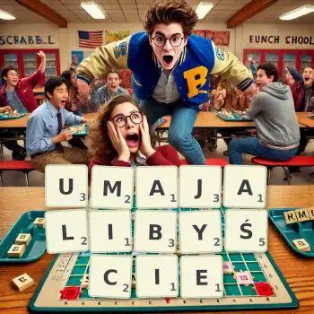 Kreatywna ilustracja do gry w Scrabble ze słowem UMAJALIBYŚCIE ułożonym z płytek na planszy.