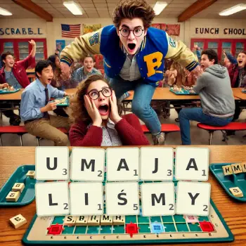 Kreatywna ilustracja do gry w Scrabble ze słowem UMAJALIŚMY ułożonym z płytek na planszy.