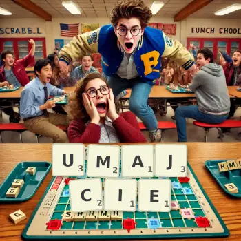 Kreatywna ilustracja do gry w Scrabble ze słowem UMAJCIE ułożonym z płytek na planszy.