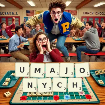 Kreatywna ilustracja do gry w Scrabble ze słowem UMAJONYCH ułożonym z płytek na planszy.