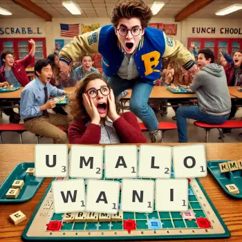 Kreatywna ilustracja do gry w Scrabble ze słowem UMALOWANI ułożonym z płytek na planszy.