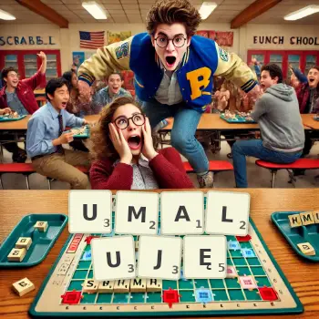 Kreatywna ilustracja do gry w Scrabble ze słowem UMALUJĘ ułożonym z płytek na planszy.