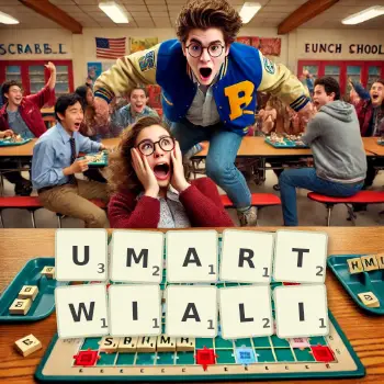 Kreatywna ilustracja do gry w Scrabble ze słowem UMARTWIALI ułożonym z płytek na planszy.