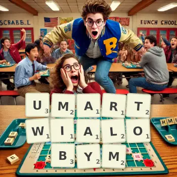 Kreatywna ilustracja do gry w Scrabble ze słowem UMARTWIALOBYM ułożonym z płytek na planszy.