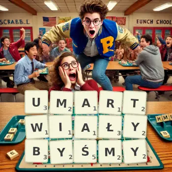 Kreatywna ilustracja do gry w Scrabble ze słowem UMARTWIAŁYBYŚMY ułożonym z płytek na planszy.