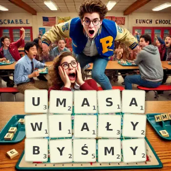 Kreatywna ilustracja do gry w Scrabble ze słowem UMASAWIAŁYBYŚMY ułożonym z płytek na planszy.