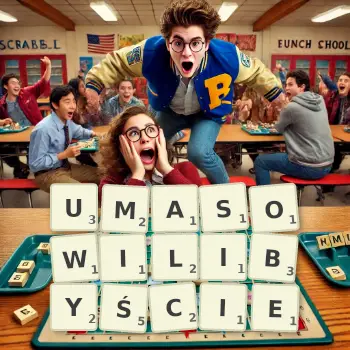 Kreatywna ilustracja do gry w Scrabble ze słowem UMASOWILIBYŚCIE ułożonym z płytek na planszy.