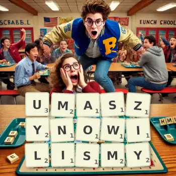 Kreatywna ilustracja do gry w Scrabble ze słowem UMASZYNOWILISMY ułożonym z płytek na planszy.