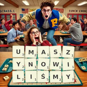 Kreatywna ilustracja do gry w Scrabble ze słowem UMASZYNOWILIŚMY ułożonym z płytek na planszy.