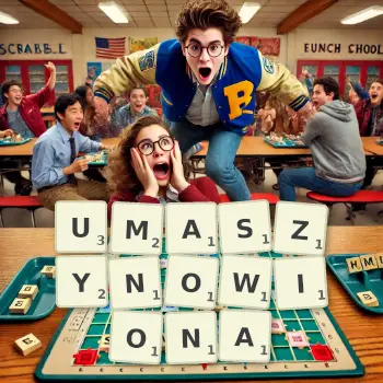 Kreatywna ilustracja do gry w Scrabble ze słowem UMASZYNOWIONA ułożonym z płytek na planszy.