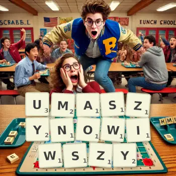 Kreatywna ilustracja do gry w Scrabble ze słowem UMASZYNOWIWSZY ułożonym z płytek na planszy.