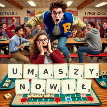 Kreatywna ilustracja do gry w Scrabble ze słowem UMASZYNOWIŁ ułożonym z płytek na planszy.