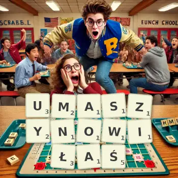 Kreatywna ilustracja do gry w Scrabble ze słowem UMASZYNOWIŁAŚ ułożonym z płytek na planszy.