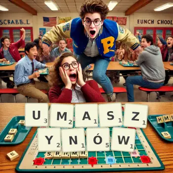 Kreatywna ilustracja do gry w Scrabble ze słowem UMASZYNÓW ułożonym z płytek na planszy.