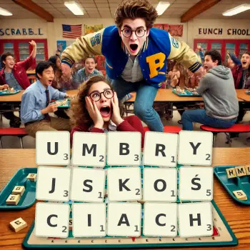 Kreatywna ilustracja do gry w Scrabble ze słowem UMBRYJSKOŚCIACH ułożonym z płytek na planszy.