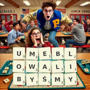 Kreatywna ilustracja do gry w Scrabble ze słowem UMEBLOWALIBYŚMY ułożonym z płytek na planszy.