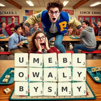 Kreatywna ilustracja do gry w Scrabble ze słowem UMEBLOWALYBYSMY ułożonym z płytek na planszy.