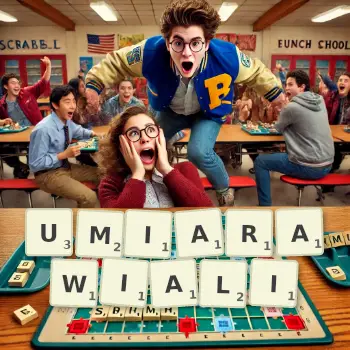 Kreatywna ilustracja do gry w Scrabble ze słowem UMIARAWIALI ułożonym z płytek na planszy.