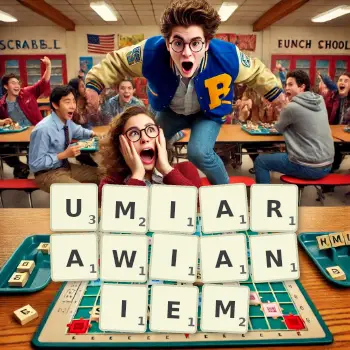 Kreatywna ilustracja do gry w Scrabble ze słowem UMIARAWIANIEM ułożonym z płytek na planszy.