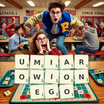 Kreatywna ilustracja do gry w Scrabble ze słowem UMIAROWIONEGO ułożonym z płytek na planszy.