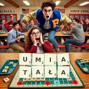 Kreatywna ilustracja do gry w Scrabble ze słowem UMIATAŁA ułożonym z płytek na planszy.