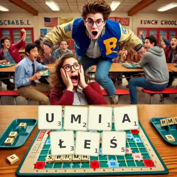 Kreatywna ilustracja do gry w Scrabble ze słowem UMIAŁEŚ ułożonym z płytek na planszy.