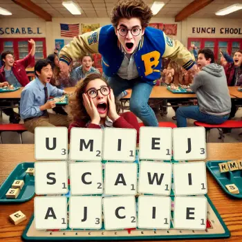 Kreatywna ilustracja do gry w Scrabble ze słowem UMIEJSCAWIAJCIE ułożonym z płytek na planszy.