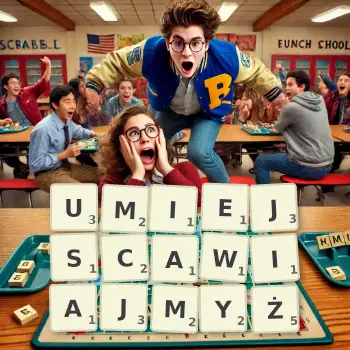 Kreatywna ilustracja do gry w Scrabble ze słowem UMIEJSCAWIAJMYŻ ułożonym z płytek na planszy.