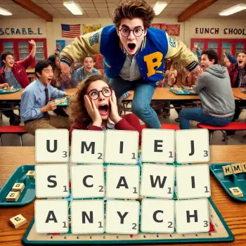 Kreatywna ilustracja do gry w Scrabble ze słowem UMIEJSCAWIANYCH ułożonym z płytek na planszy.