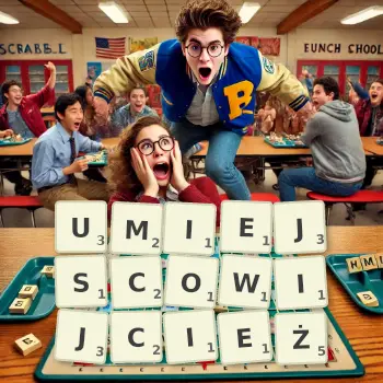 Kreatywna ilustracja do gry w Scrabble ze słowem UMIEJSCOWIJCIEŻ ułożonym z płytek na planszy.