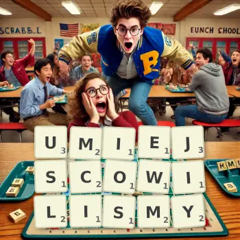 Kreatywna ilustracja do gry w Scrabble ze słowem UMIEJSCOWILISMY ułożonym z płytek na planszy.