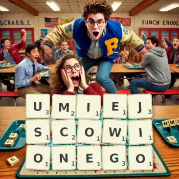 Kreatywna ilustracja do gry w Scrabble ze słowem UMIEJSCOWIONEGO ułożonym z płytek na planszy.