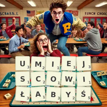 Kreatywna ilustracja do gry w Scrabble ze słowem UMIEJSCOWIŁABYŚ ułożonym z płytek na planszy.