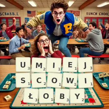 Kreatywna ilustracja do gry w Scrabble ze słowem UMIEJSCOWIŁOBY ułożonym z płytek na planszy.