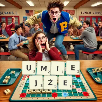 Kreatywna ilustracja do gry w Scrabble ze słowem UMIEJŻE ułożonym z płytek na planszy.