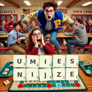 Kreatywna ilustracja do gry w Scrabble ze słowem UMIESNIJZE ułożonym z płytek na planszy.