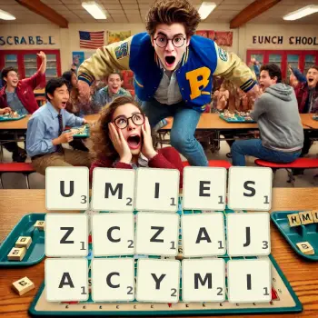 Kreatywna ilustracja do gry w Scrabble ze słowem UMIESZCZAJACYMI ułożonym z płytek na planszy.