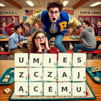 Kreatywna ilustracja do gry w Scrabble ze słowem UMIESZCZAJĄCEMU ułożonym z płytek na planszy.