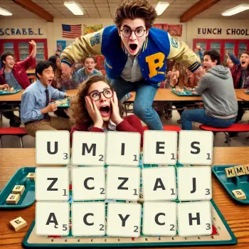 Kreatywna ilustracja do gry w Scrabble ze słowem UMIESZCZAJĄCYCH ułożonym z płytek na planszy.