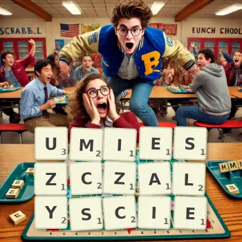 Kreatywna ilustracja do gry w Scrabble ze słowem UMIESZCZALYSCIE ułożonym z płytek na planszy.