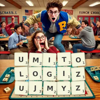 Kreatywna ilustracja do gry w Scrabble ze słowem UMITOLOGIZUJMYZ ułożonym z płytek na planszy.