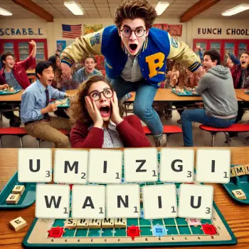 Kreatywna ilustracja do gry w Scrabble ze słowem UMIZGIWANIU ułożonym z płytek na planszy.