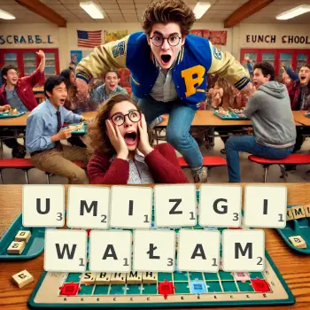 Kreatywna ilustracja do gry w Scrabble ze słowem UMIZGIWAŁAM ułożonym z płytek na planszy.