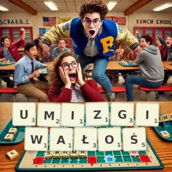 Kreatywna ilustracja do gry w Scrabble ze słowem UMIZGIWAŁOŚ ułożonym z płytek na planszy.